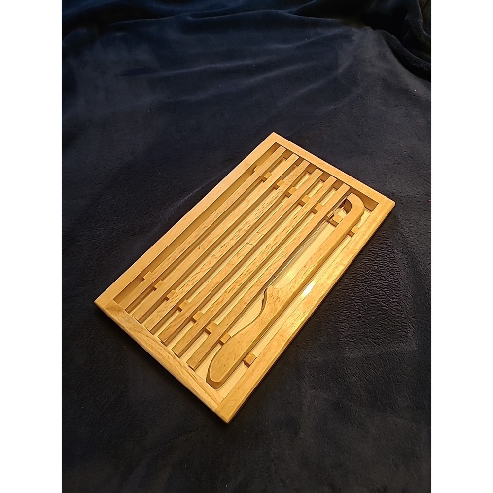 Wooden Bread Slicing Board with Crumb Catcher and Bow Knife Set Light Wood Tray
